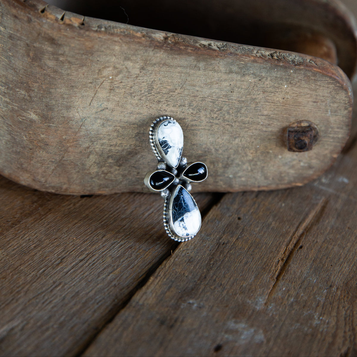 The Colfax | White Buffalo and Black Onyx Adjustable Cross Ring