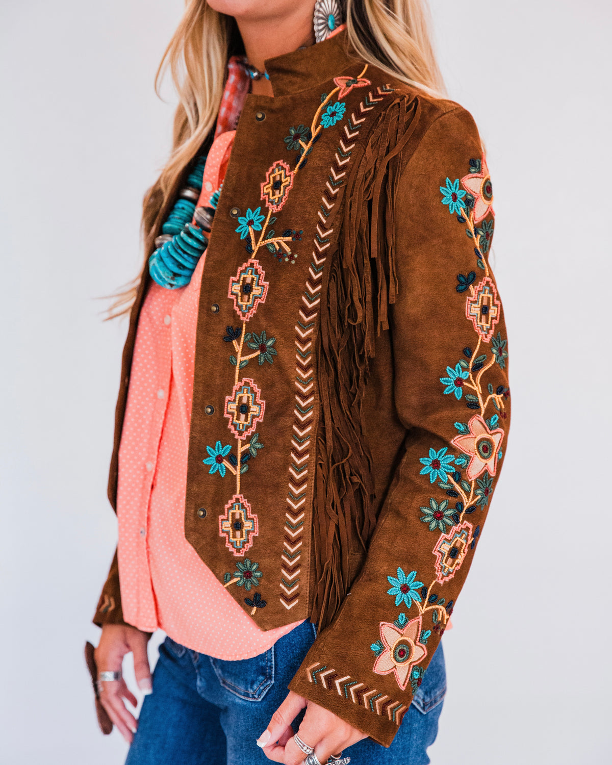 The Shasta | Brown Suede Fringe Jacket with Embroidery and Beaded Trim