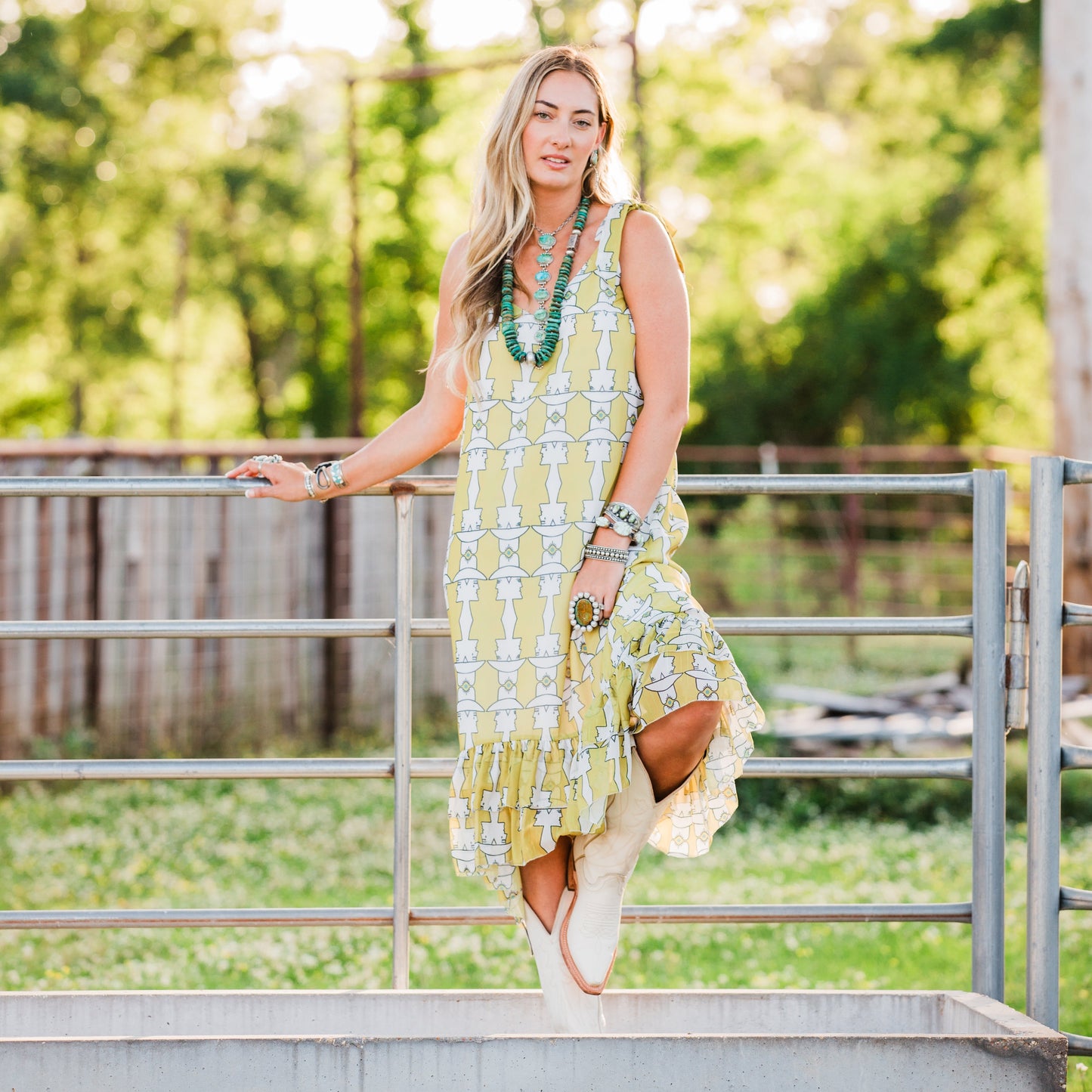 The Maud | Hand Drawn Cowboy Print Midi Dress