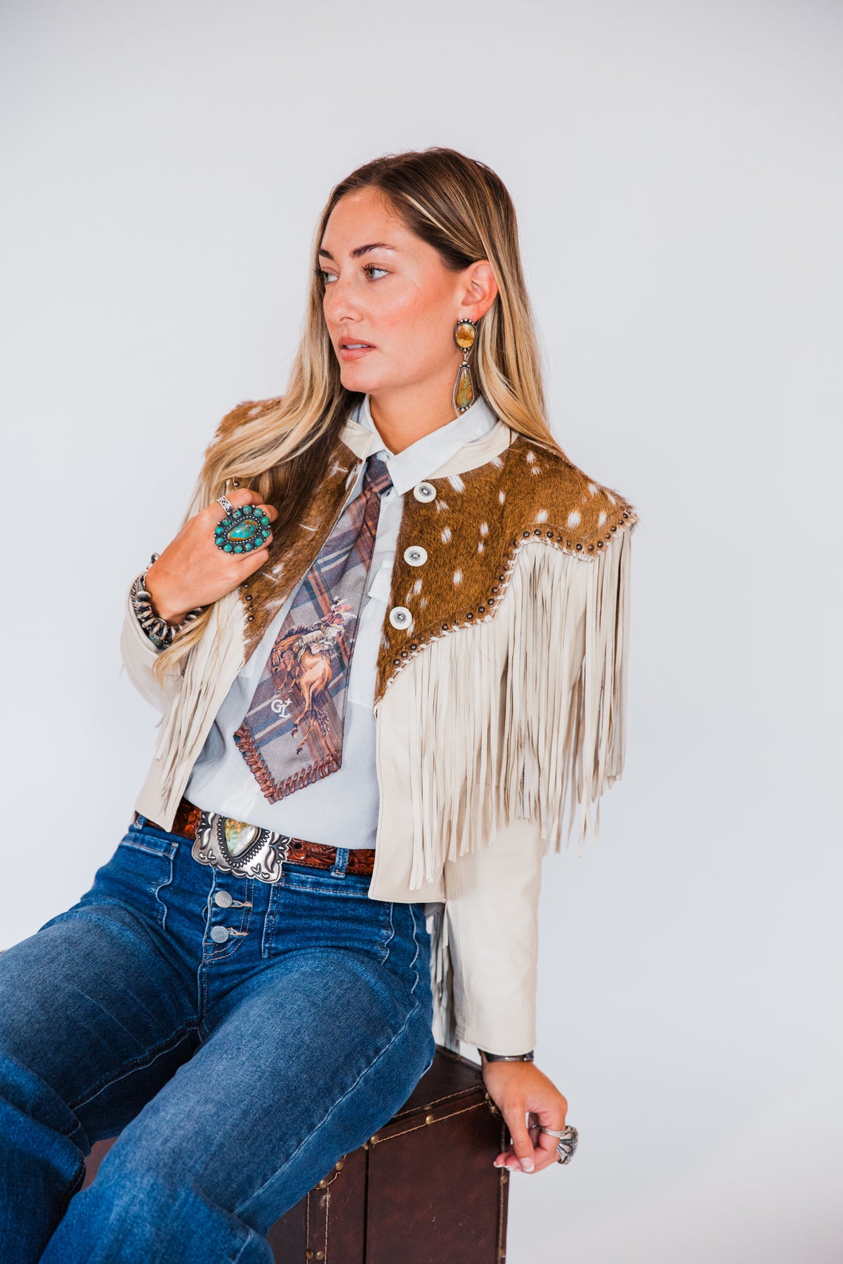 The Pomona | Axis Deer & Cream Leather Fringe Jacket