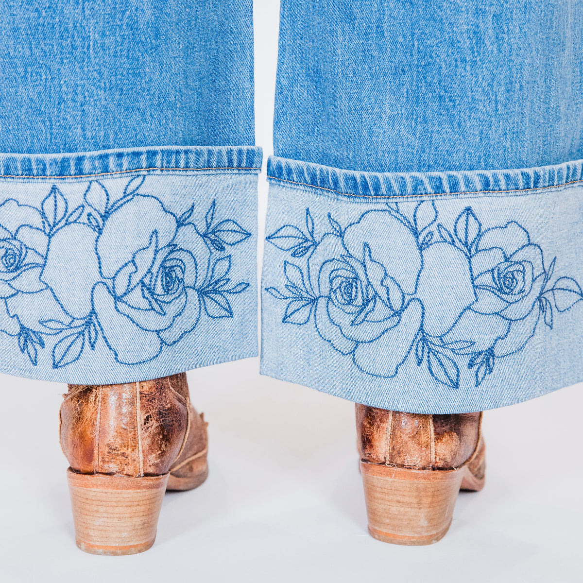 The Rowdy Rose's | Cuffed Wide Leg Rose Embroidered Jeans