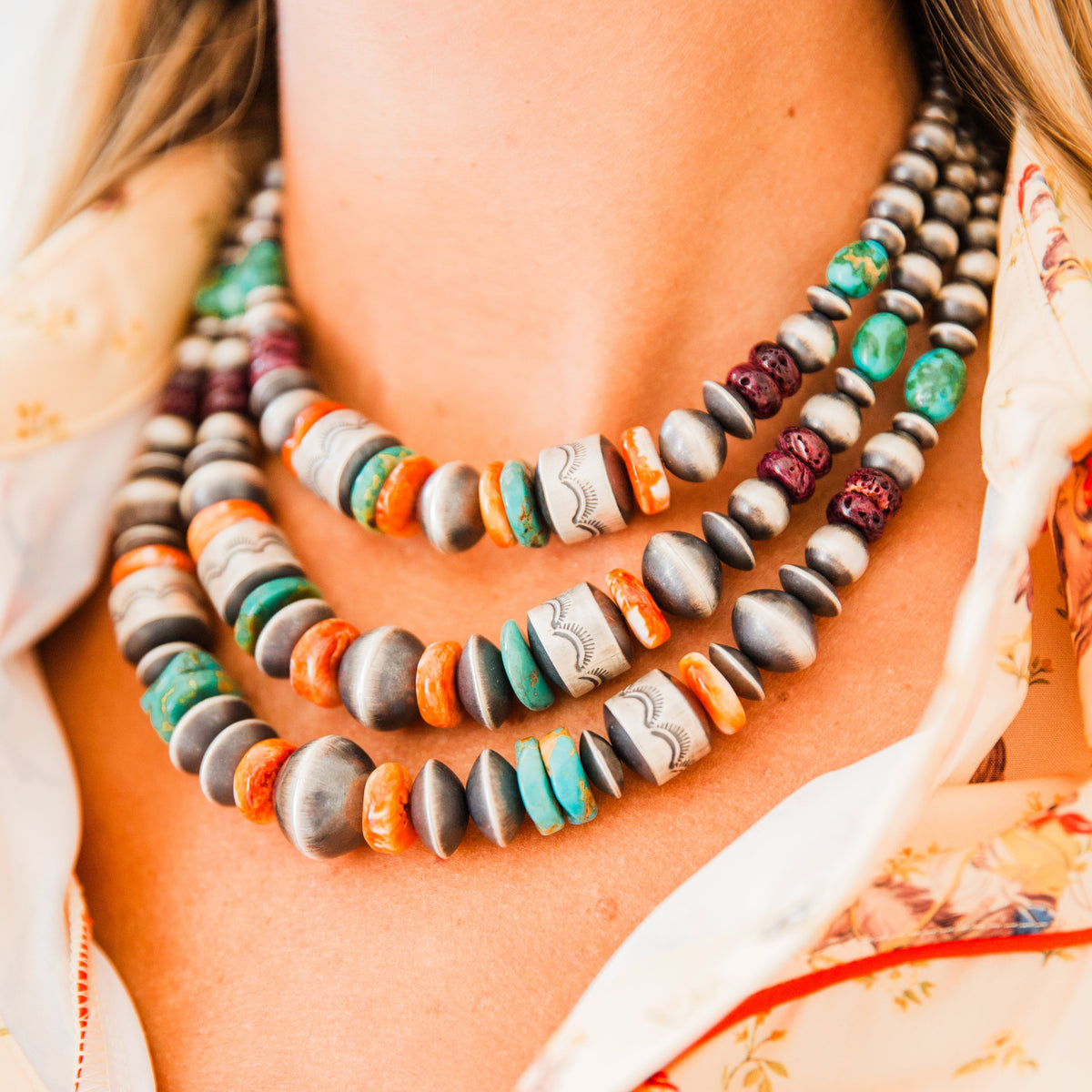 The Eclectic | 3 Strand Multi Stone Pearl Necklace by Rose Martin