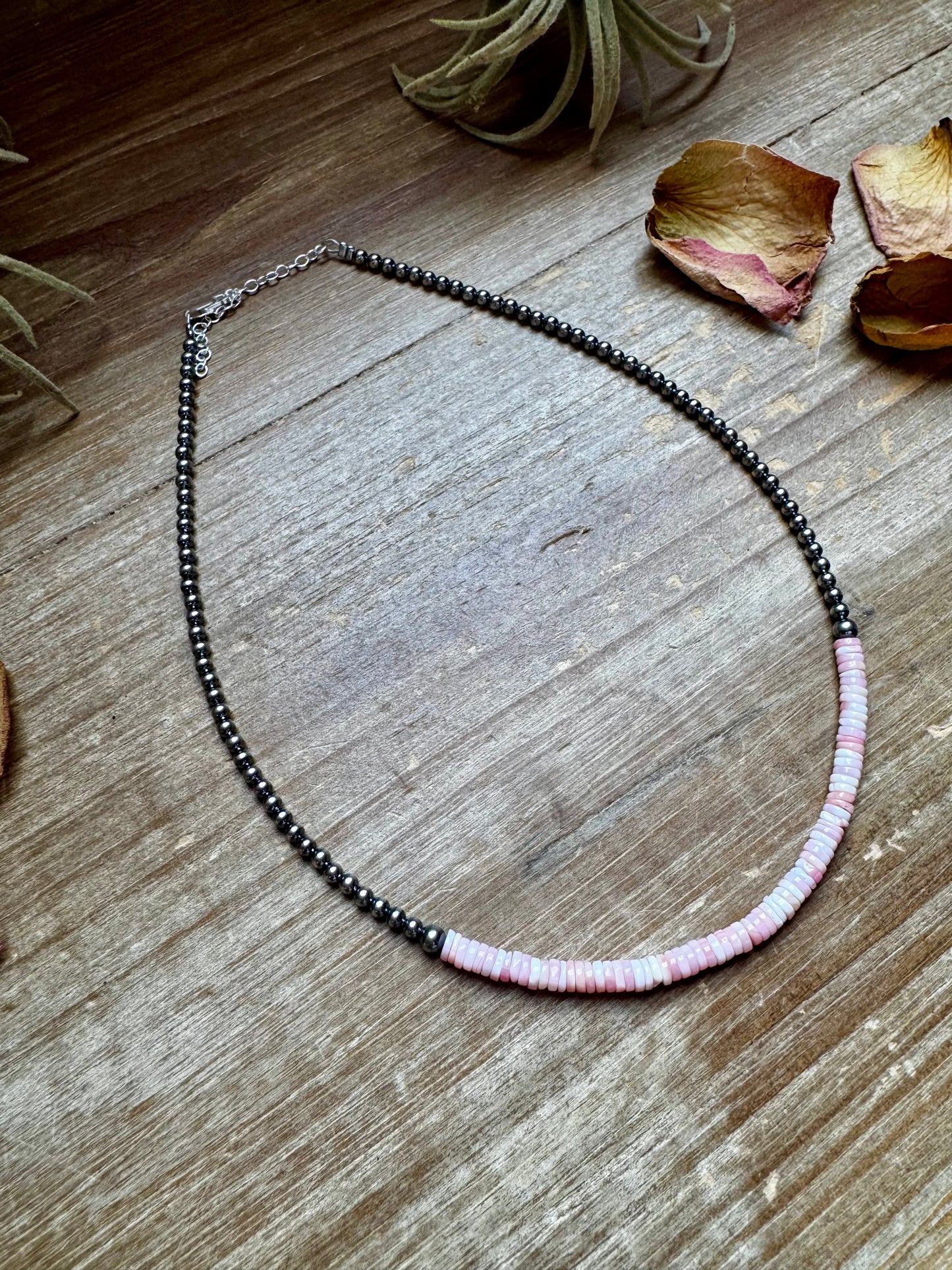 15-Inch Pink Conch Heishi Necklace – Sterling Silver Pearls, Handmade