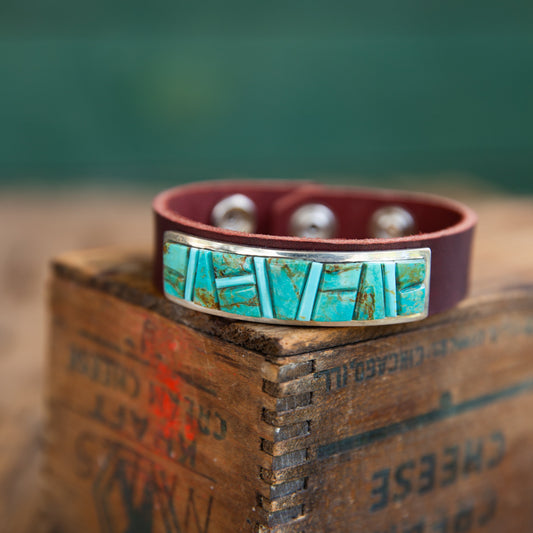 The Scottsdale | Turquoise & Leather Inlay Bracelet by Edison Yazzie