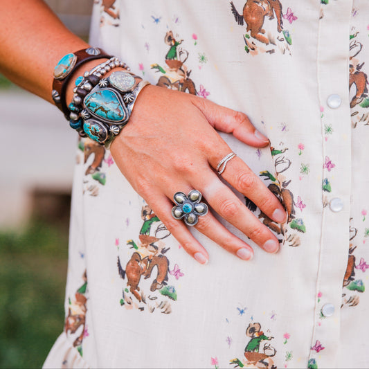 The Tamra | Adjustable Turquoise Flower Ring by Gabrielle Yazzie