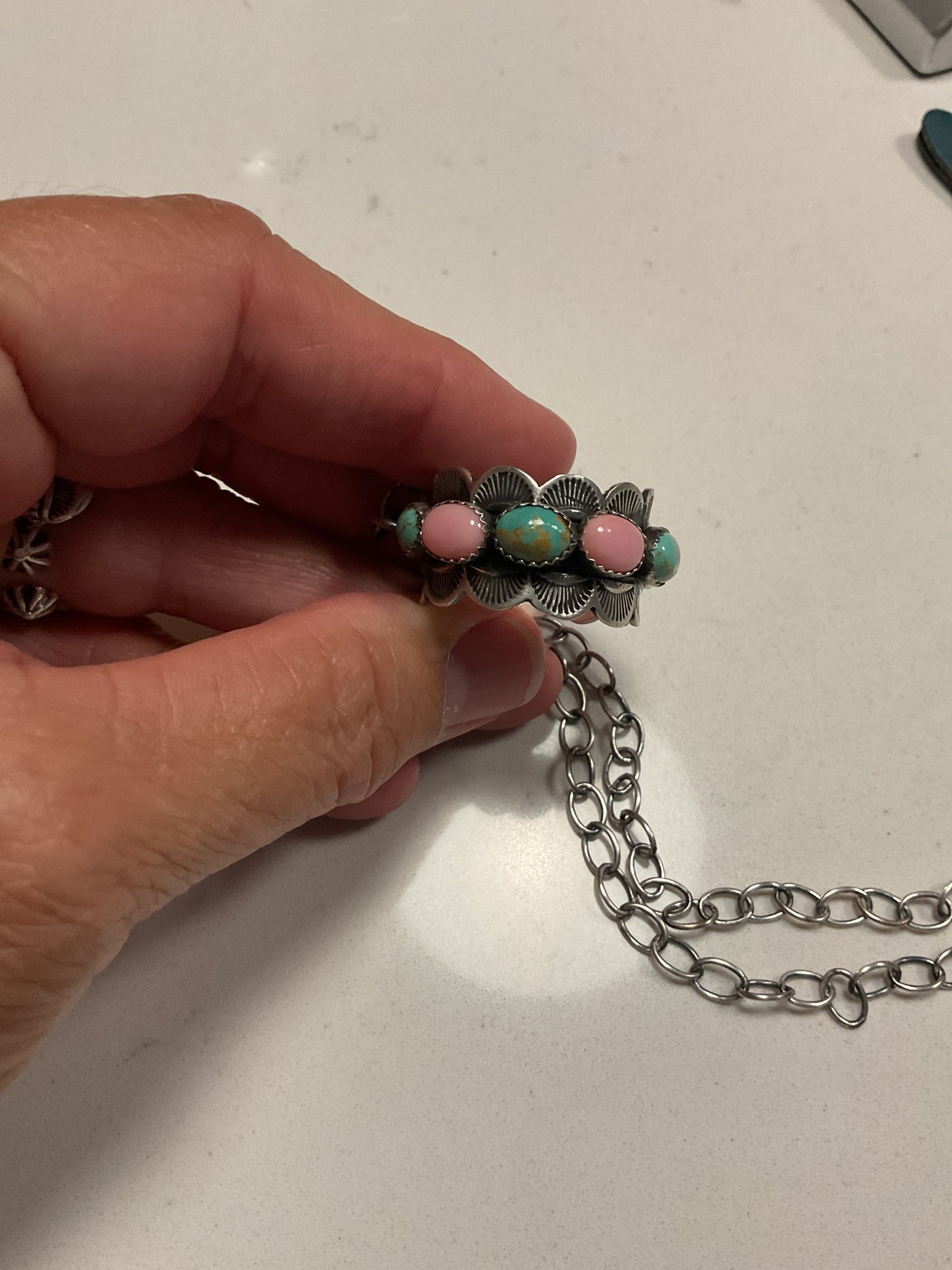 The Eden | Pink Conch and Turquoise Ring Necklace