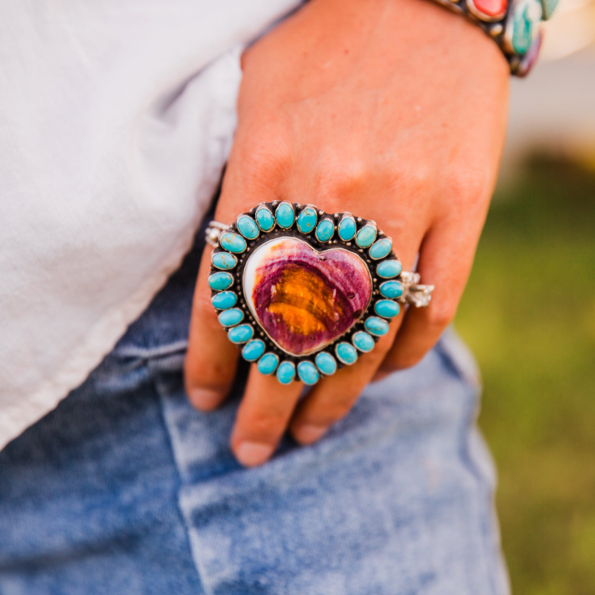 The Alston | Adjustable Purple Spiny & Turquoise Heart Ring by Shawn Cayatino
