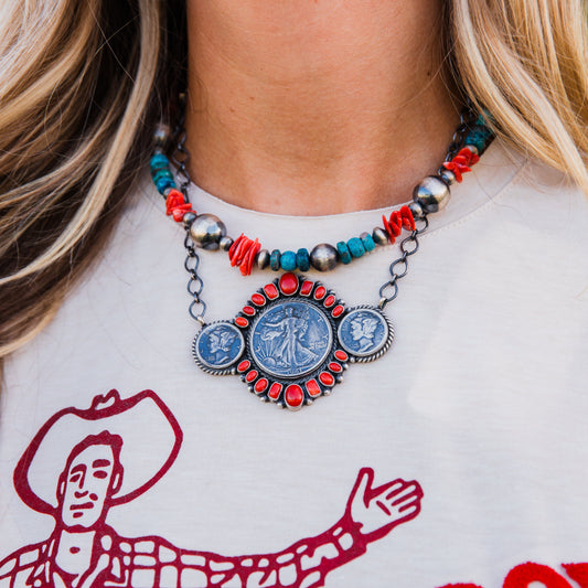 The Toluca | Red Coral Liberty Coin Necklace by Darrin Livingston