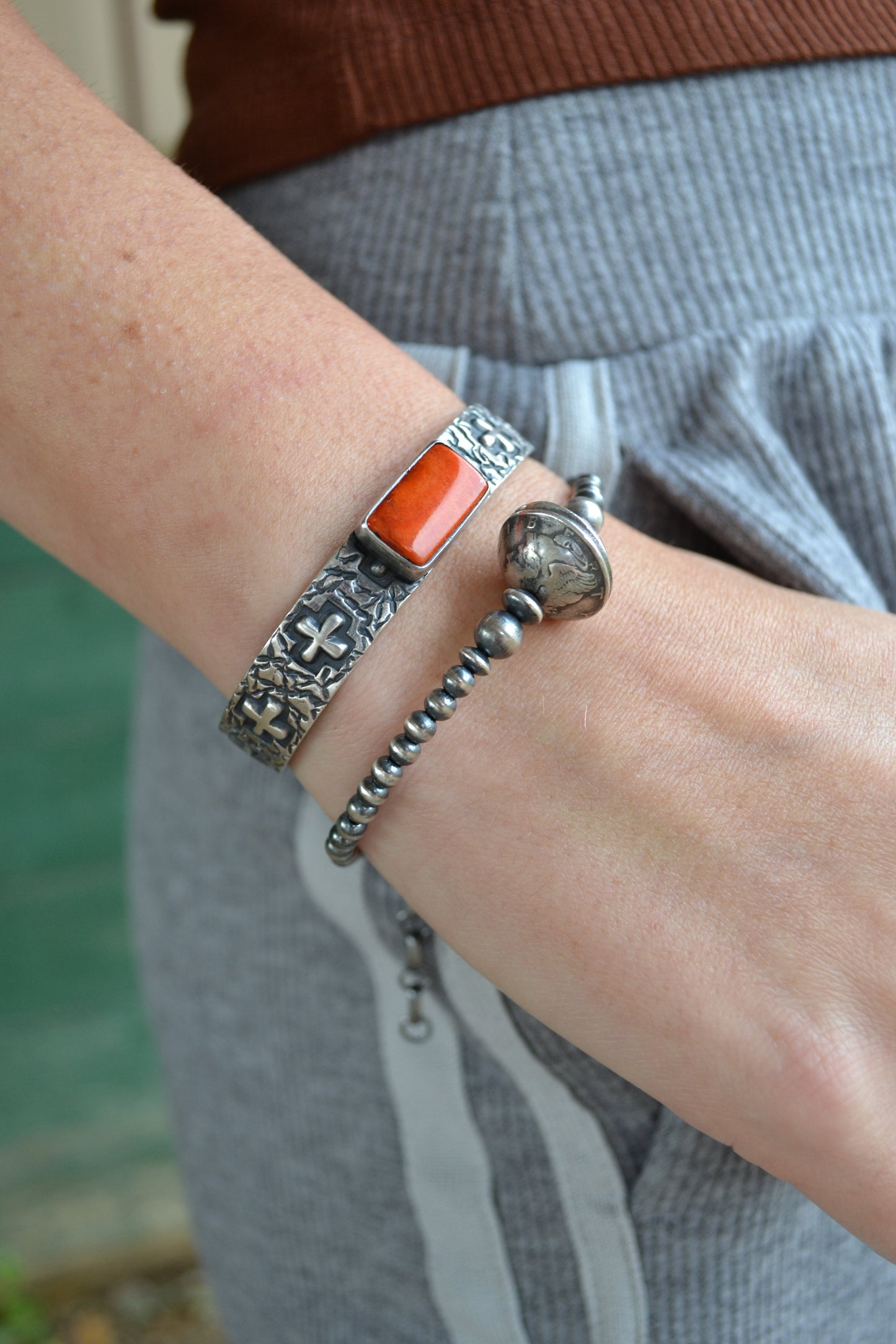 The Eagan | Orange Spiny Cross Cuff by Raymond Coriz