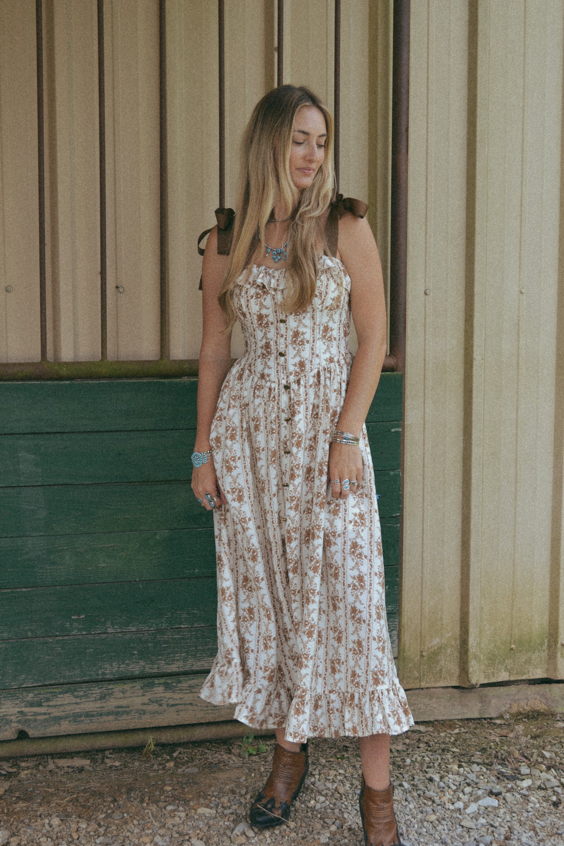 Floral midi dress with ribbon tie straps 