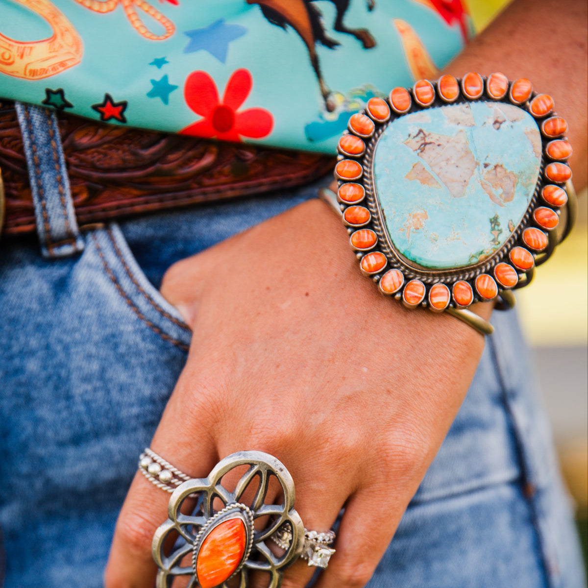 The Oxford | Orange Spiny & Royston Turquoise Statement Cuff