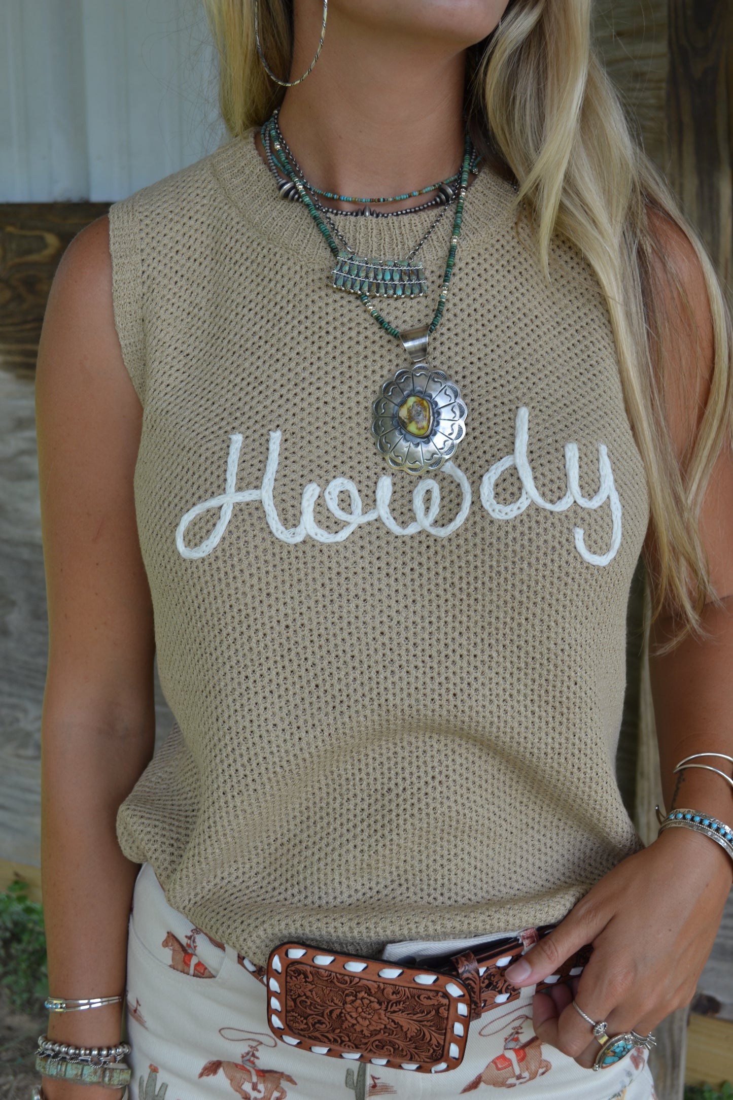 The Howdy Sweater Tank in Tan LARGE