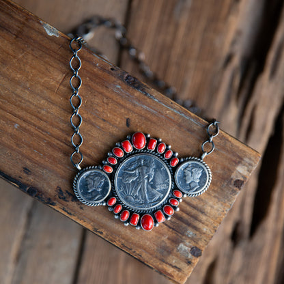 The Toluca | Red Coral Liberty Coin Necklace by Darrin Livingston