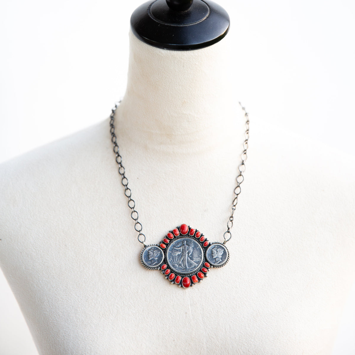 The Toluca | Red Coral Liberty Coin Necklace by Darrin Livingston