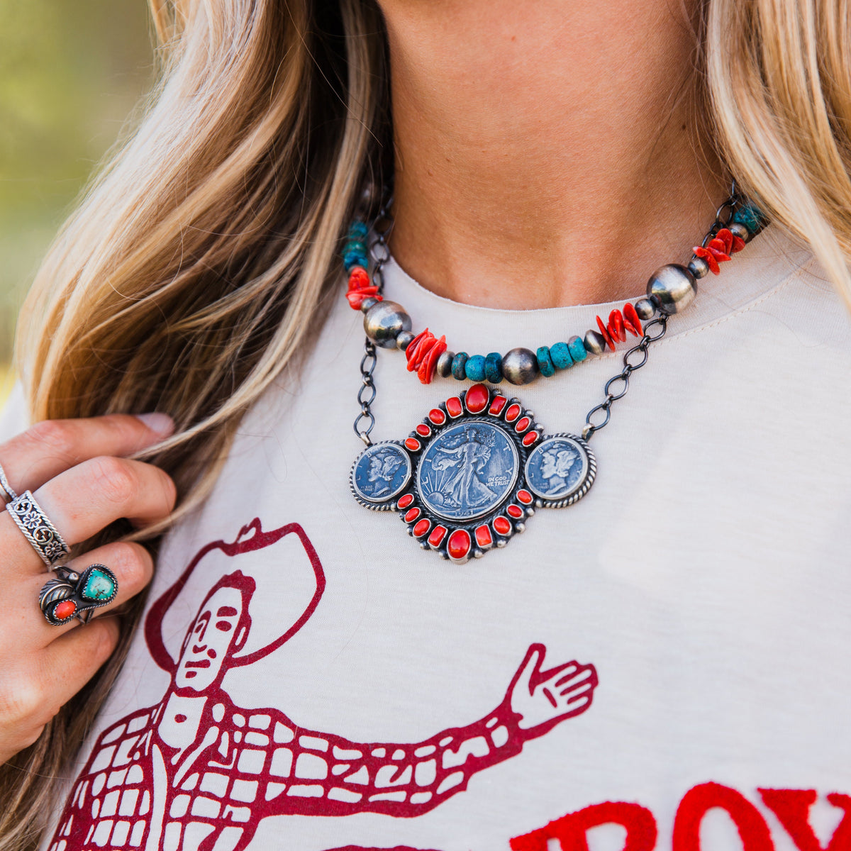The Toluca | Red Coral Liberty Coin Necklace by Darrin Livingston