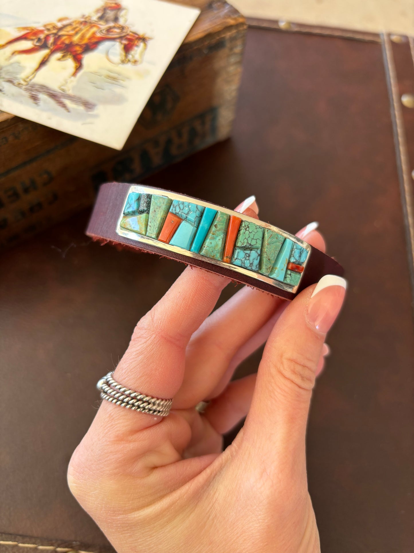 The Aurora | Leather & Turquoise/Red Coral Inlay Bracelet by Edison Yazzie