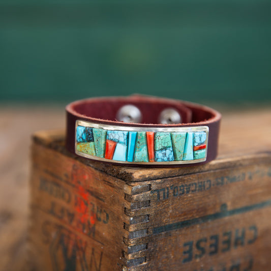 The Aurora | Leather & Turquoise/Red Coral Inlay Bracelet by Edison Yazzie