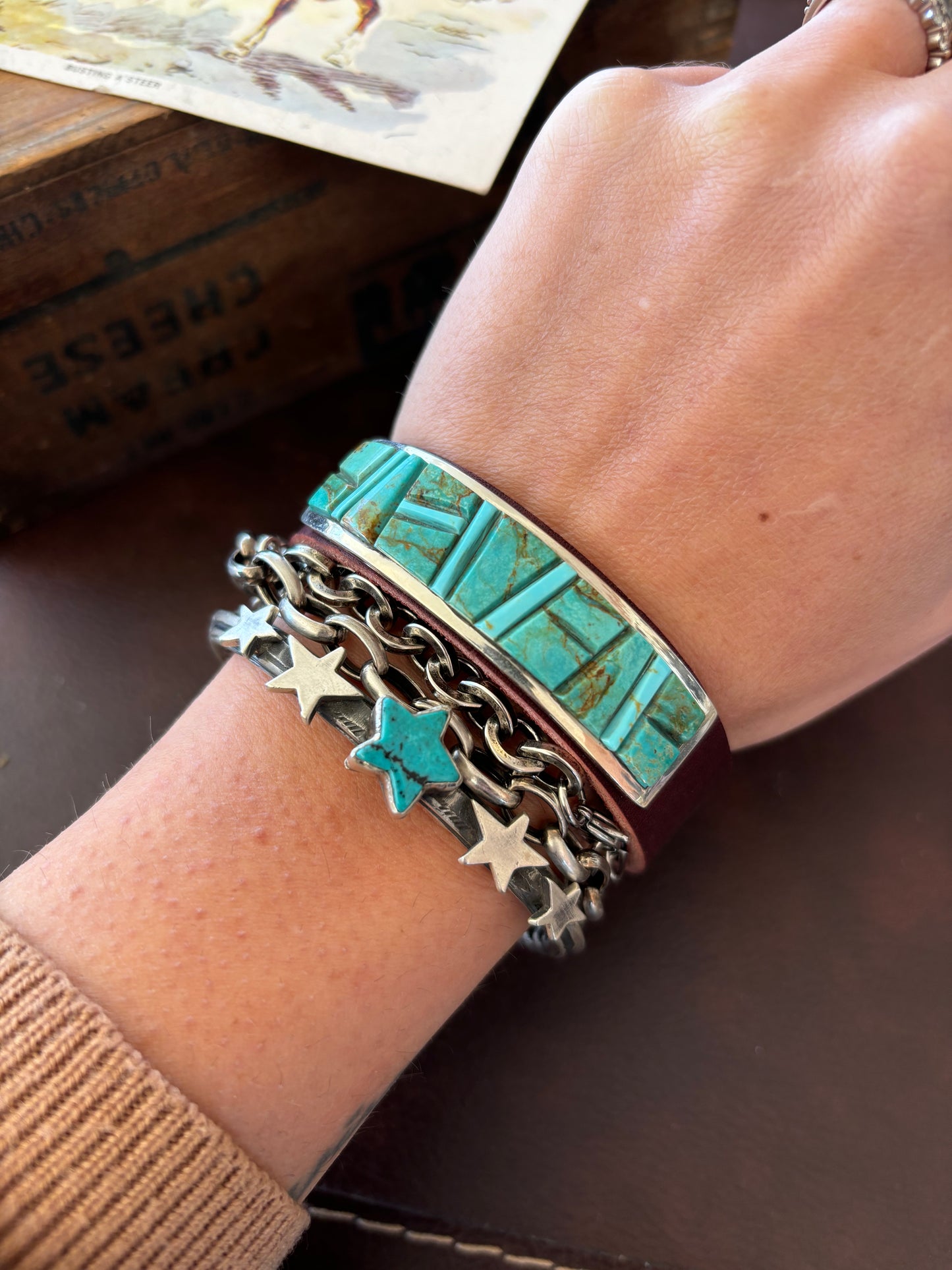 The Scottsdale | Turquoise & Leather Inlay Bracelet by Edison Yazzie