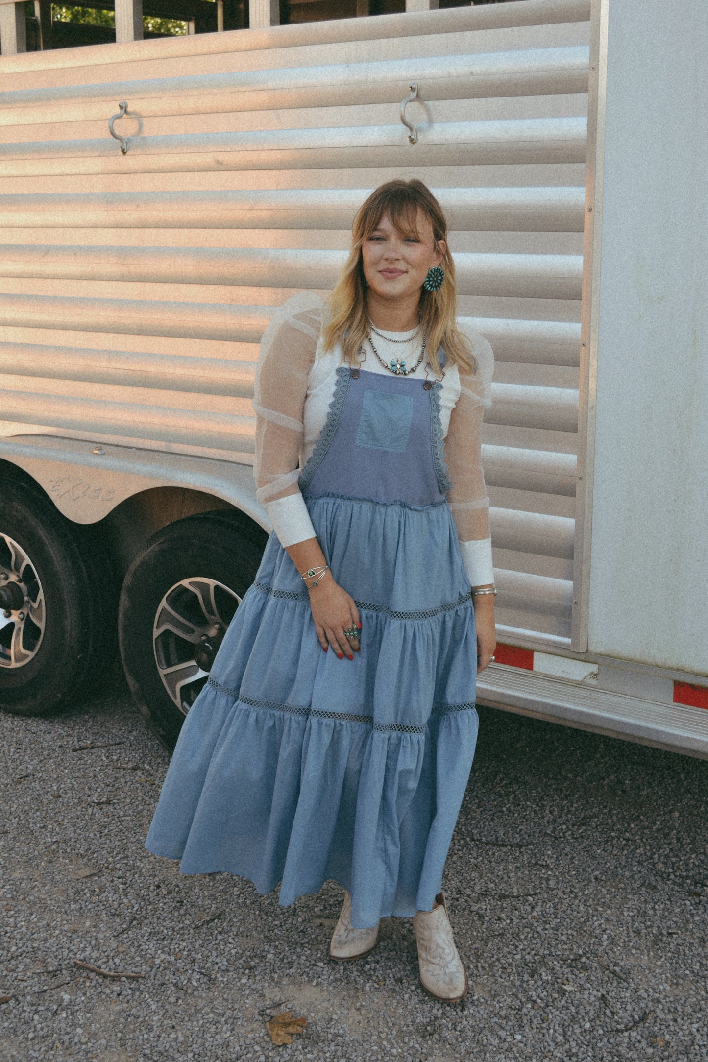 blue overall maxi dress