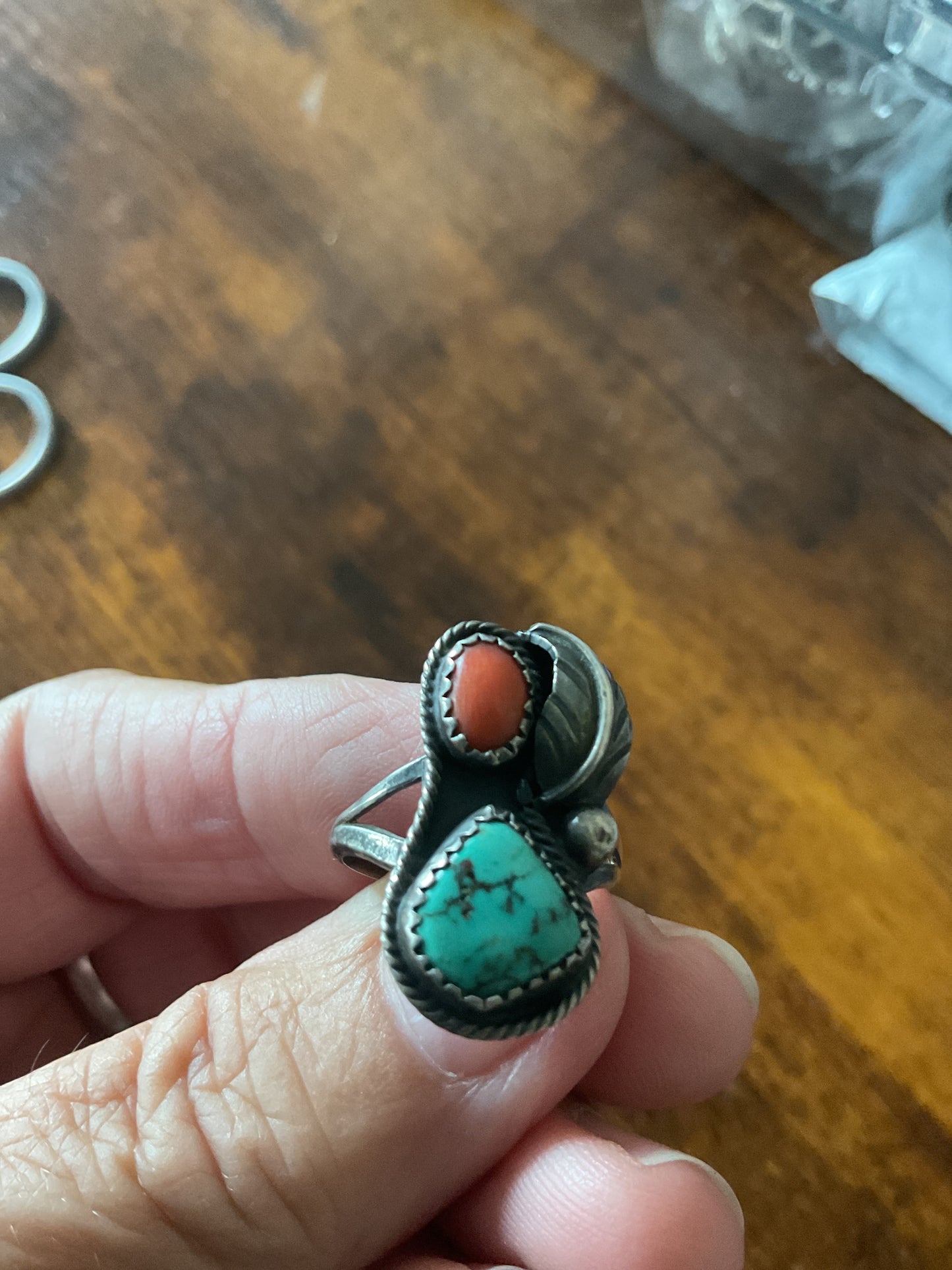 Live Sale #13  Coral and Turquoise Ring Size 6 1/2