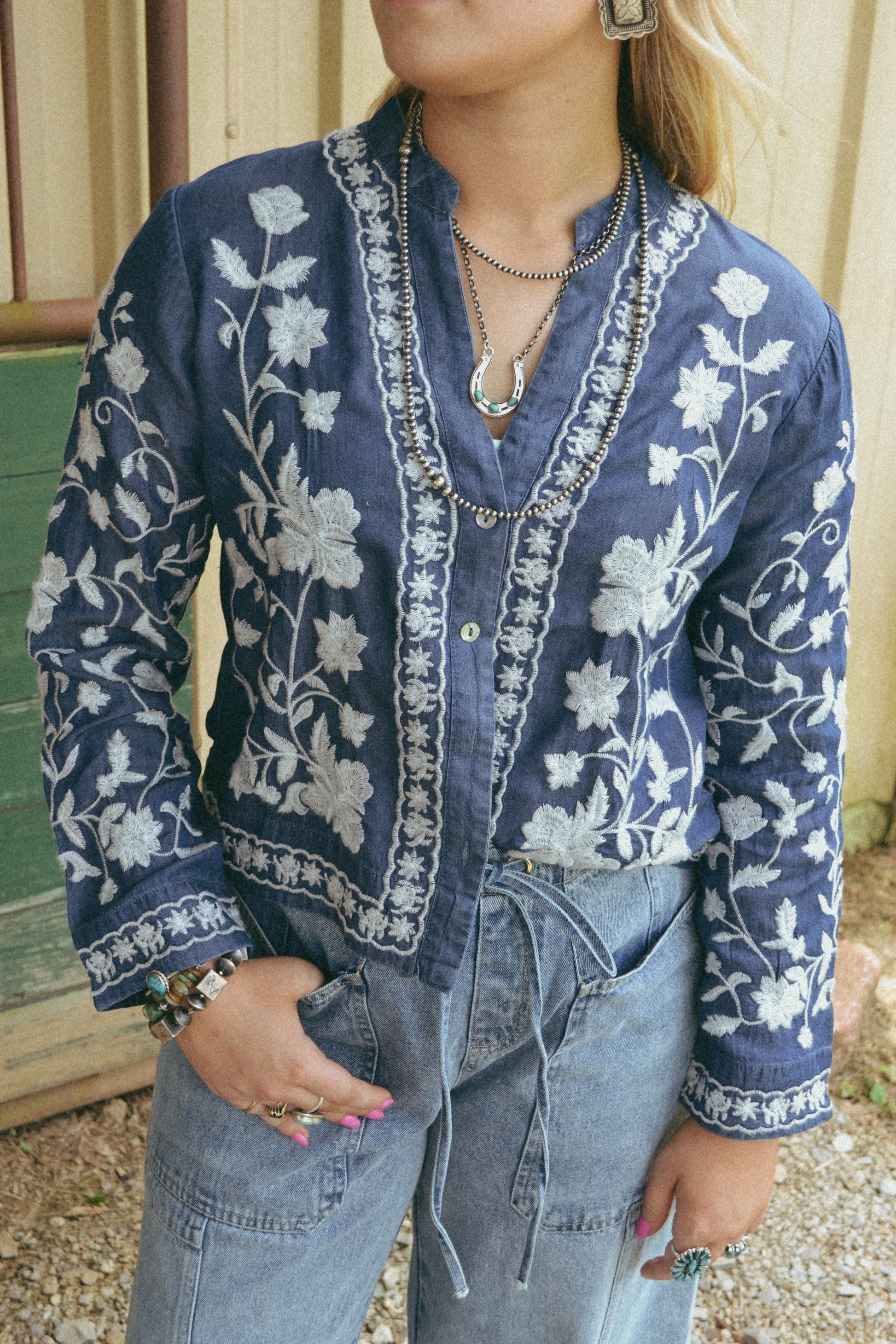 Long sleeve embroidered denim top 