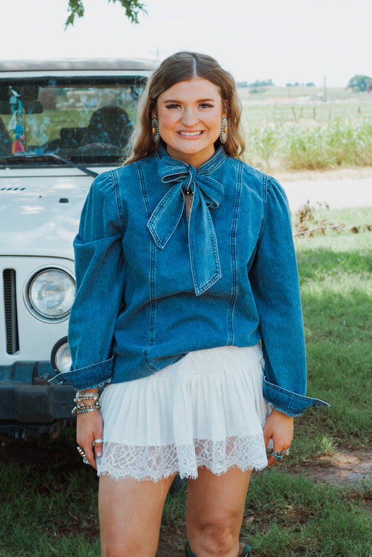 denim long sleeve neck tie top