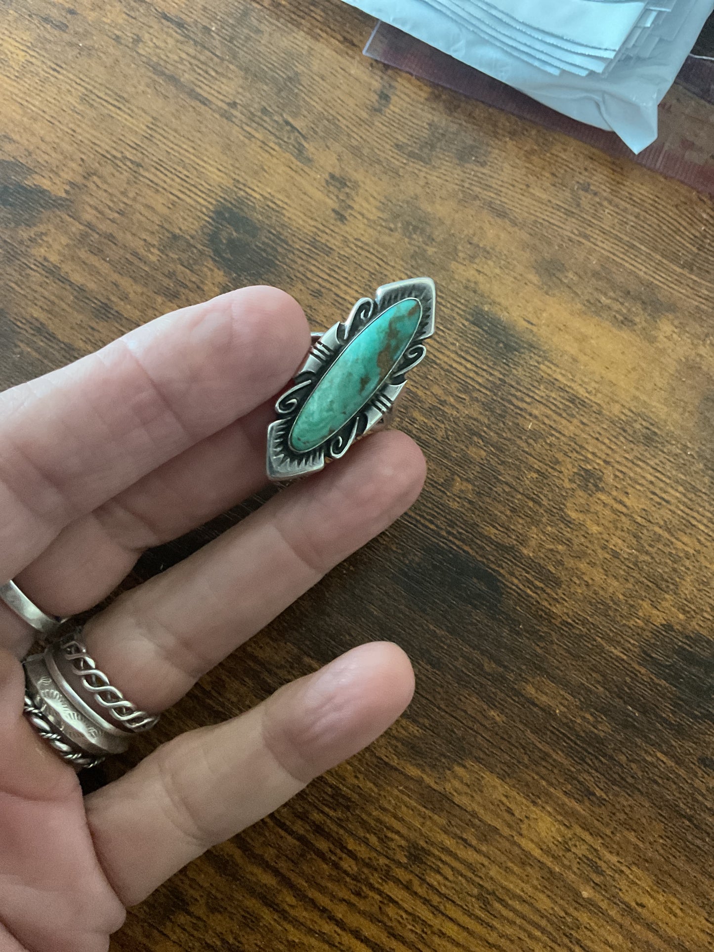 Live Sale #16  Long Turquoise Ring size 8 3/4