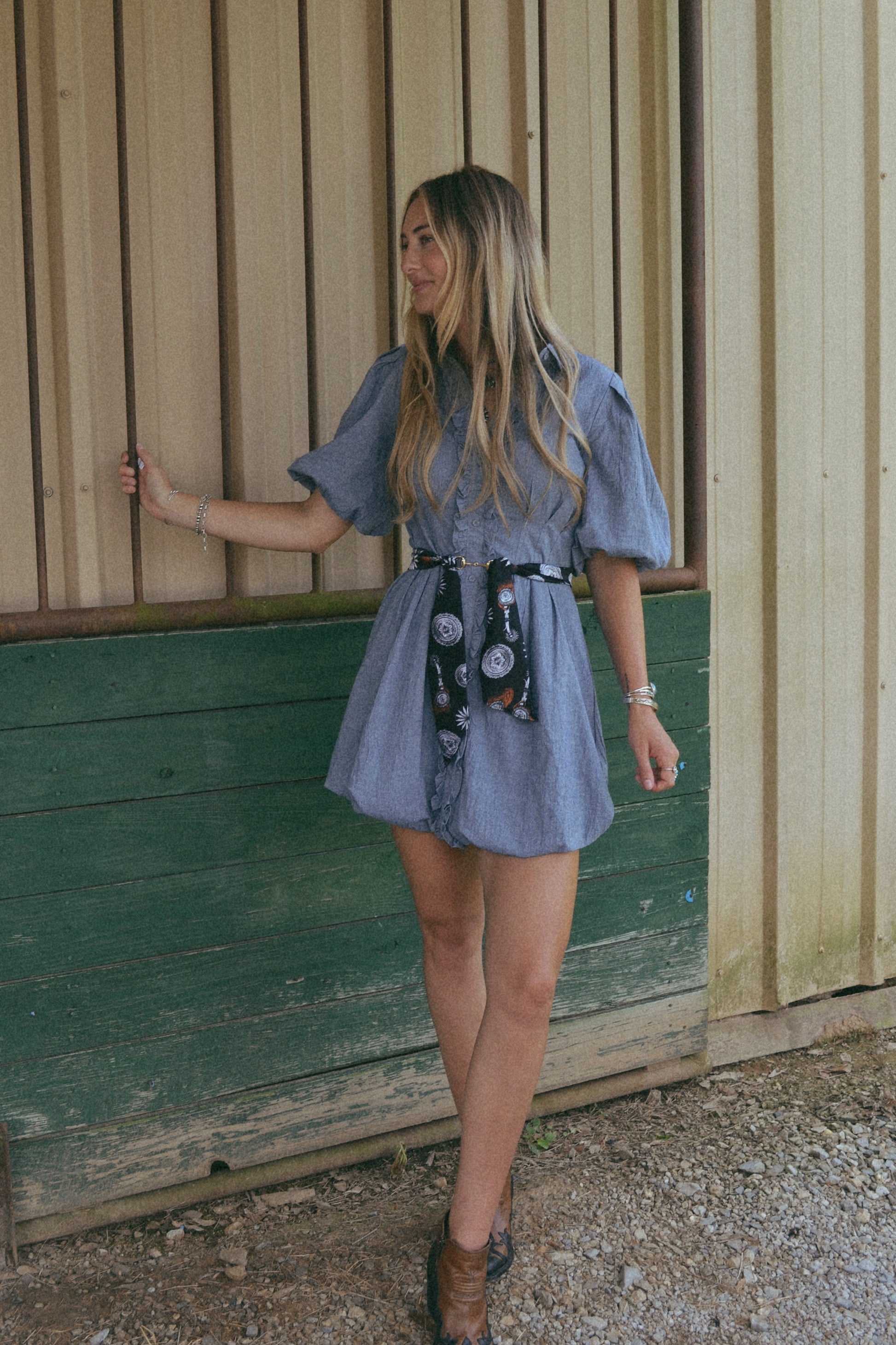 Denim bubble hem mini dress 