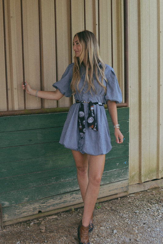 Denim bubble hem mini dress 