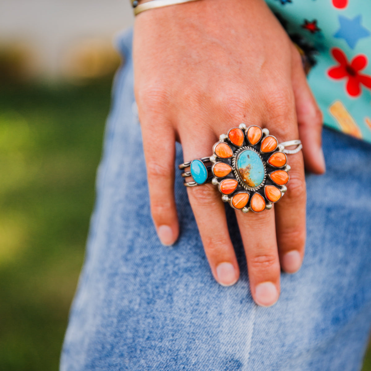 The Presido | Adjustable Orange Spiny & Turquoise Ring by Tillie John