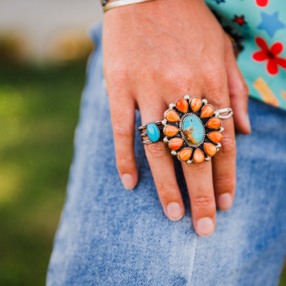 The Presido | Adjustable Orange Spiny & Turquoise Ring by Tillie John