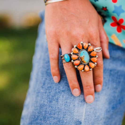 The Presido | Adjustable Orange Spiny & Turquoise Ring by Tillie John