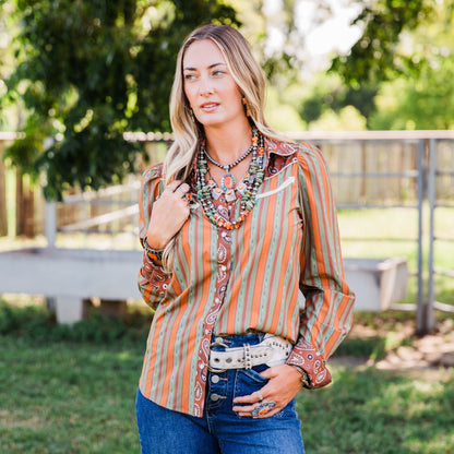 The Benlyn | Stripe & Paisley Long Sleeve Pearl Snap