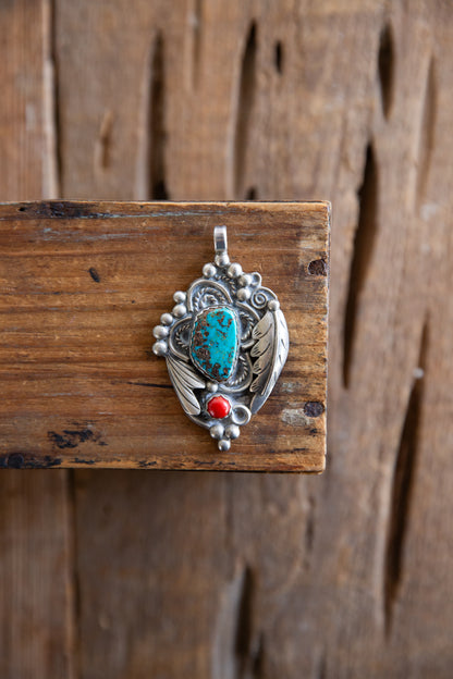 The Dunlap | Vintage Turquoise & Red Coral Pendant by D. Secatero