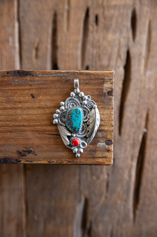 The Dunlap | Vintage Turquoise & Red Coral Pendant by D. Secatero