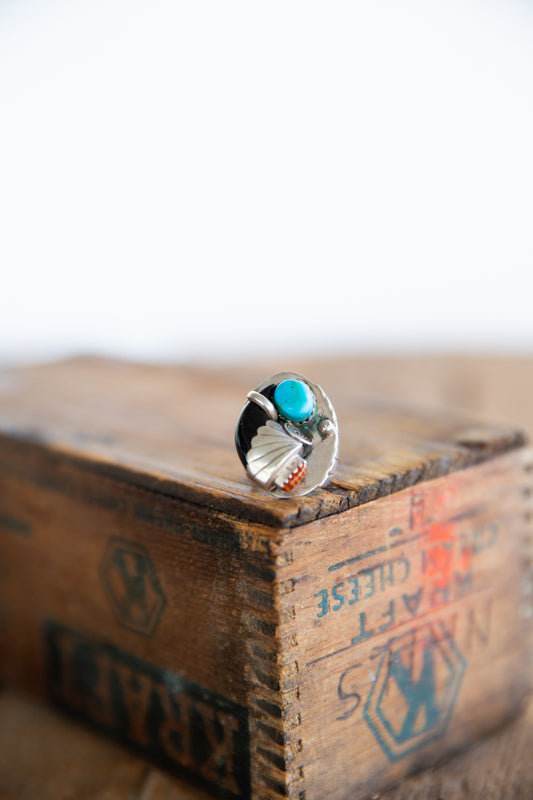 The Laramie | Vintage Bear Claw with Turquoise & Red Coral Ring - Size 6.5