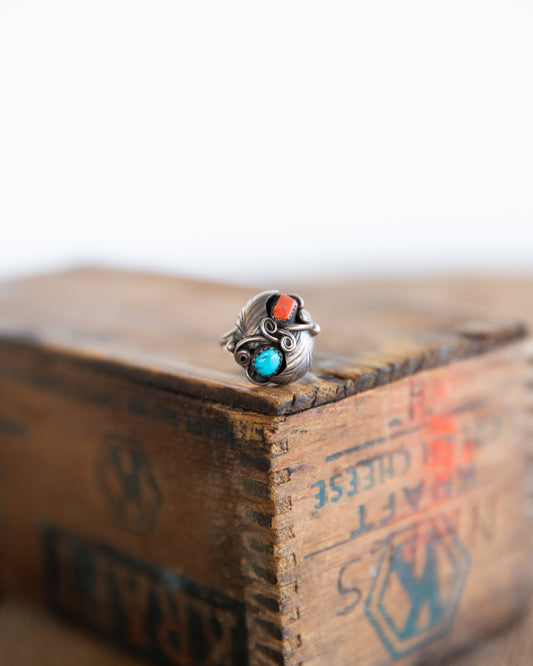 The Ortega | Vintage Turquoise & Coral Ring - Size 7.5