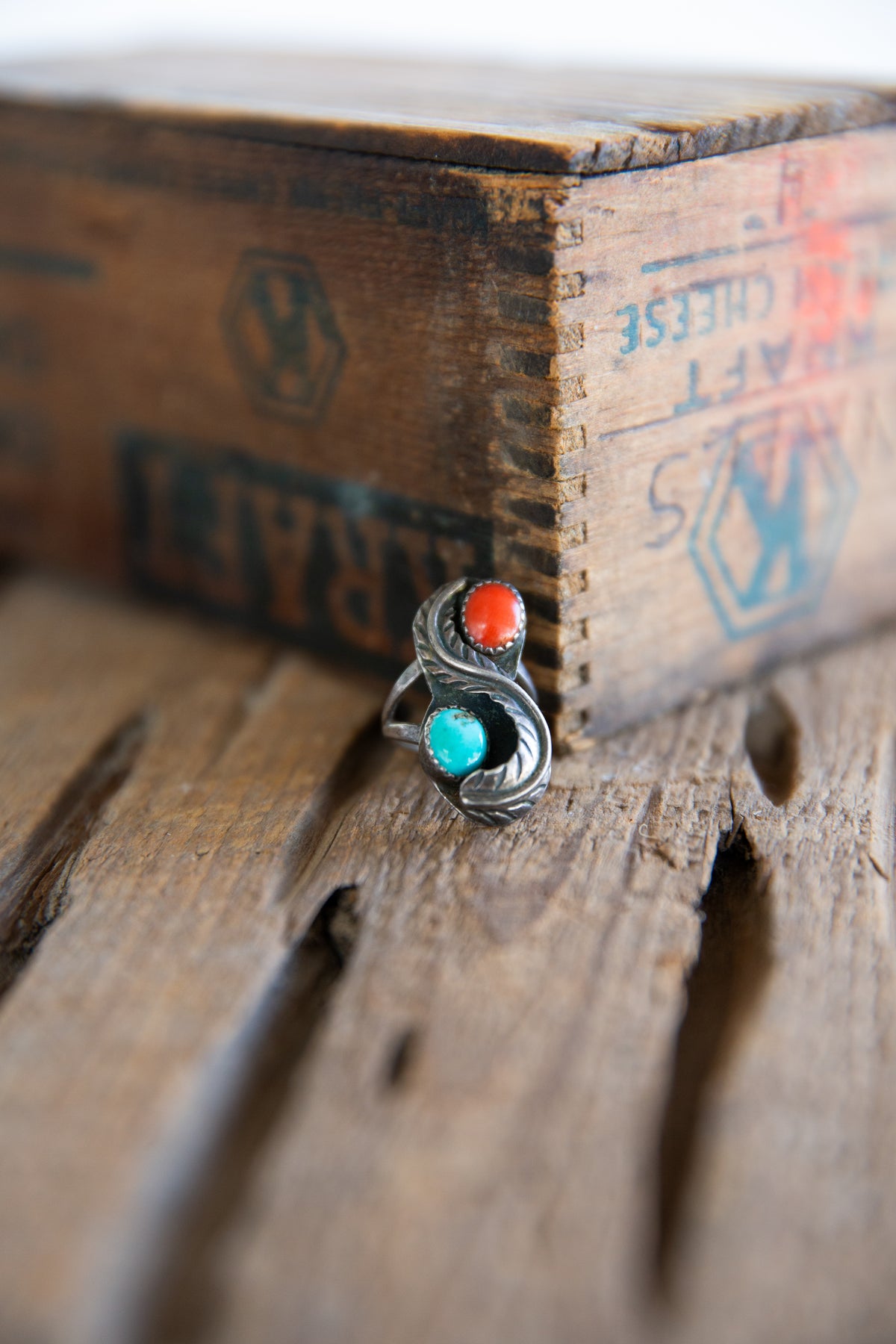 The Choctaw - Vintage Turquoise & Red Coral Ring - Size 6.75