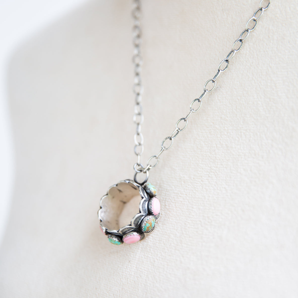 The Eden | Pink Conch and Turquoise Circle Necklace