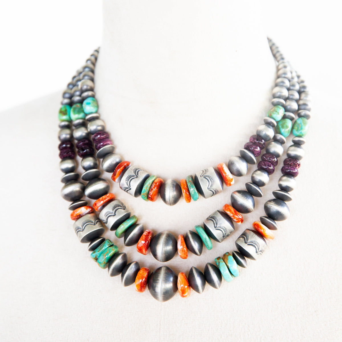 The Eclectic | 3 Strand Multi Stone Pearl Necklace by Rose Martin