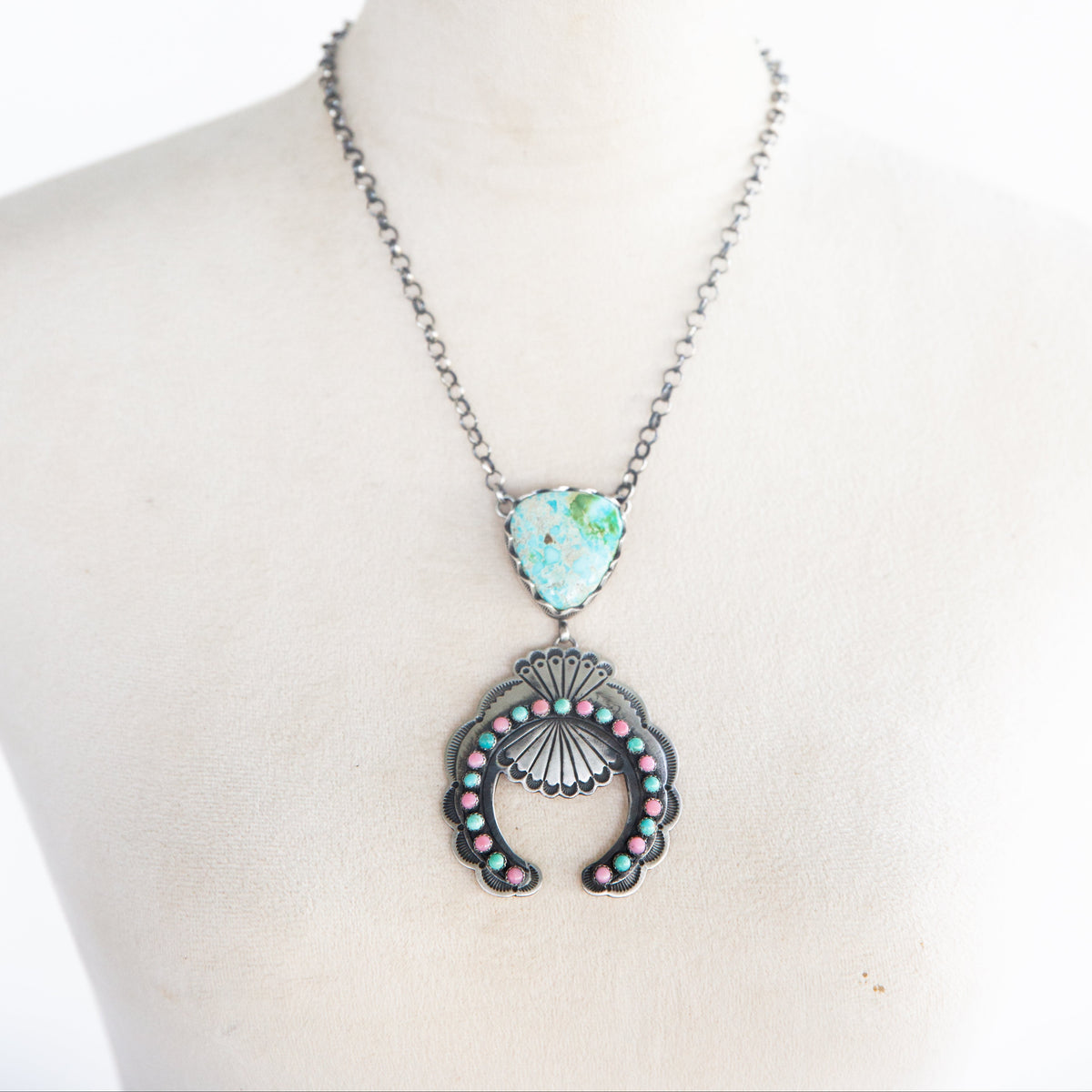 The Elva | Turquoise and Pink Conch Naja Necklace by Charles Johnson