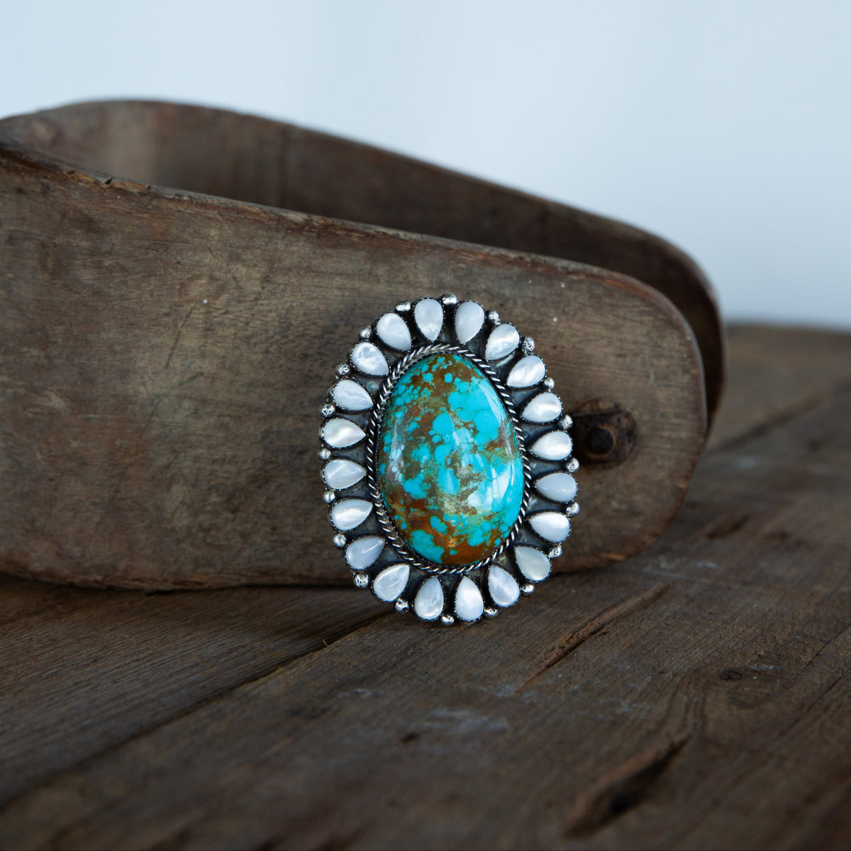 The Roan | Adjustable Turquoise and Mother of Pearl Ring by Lorenzo Chee
