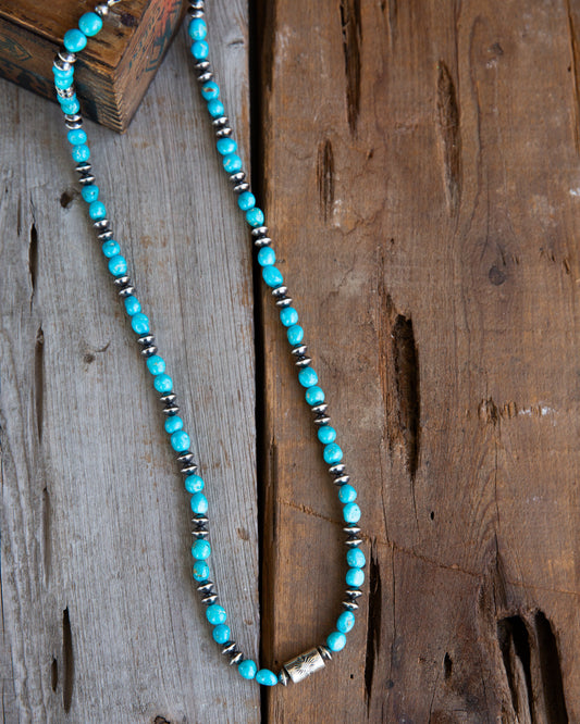 The Kino | 30" Blue Sonoran Turquoise & Saucier Pearl/Barrel Bead Necklace