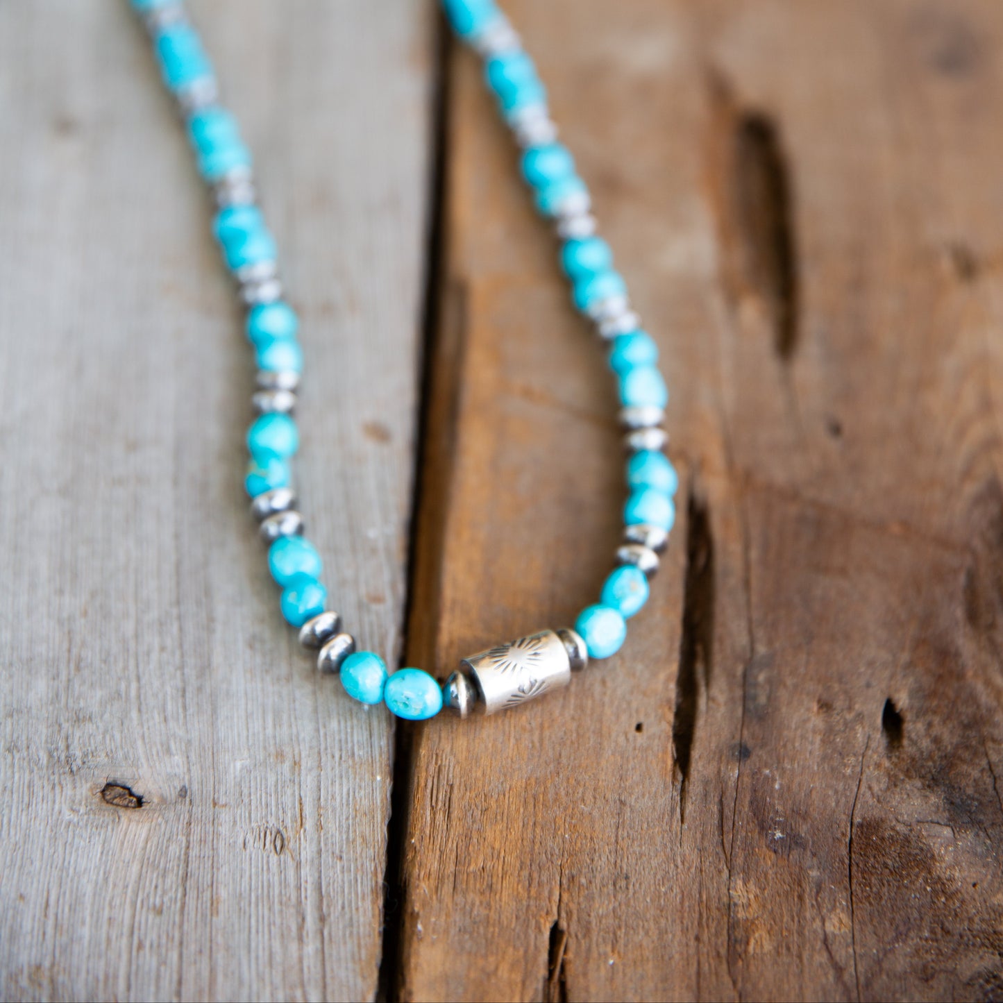 The Kino | 30" Blue Sonoran Turquoise & Saucier Pearl/Barrel Bead Necklace