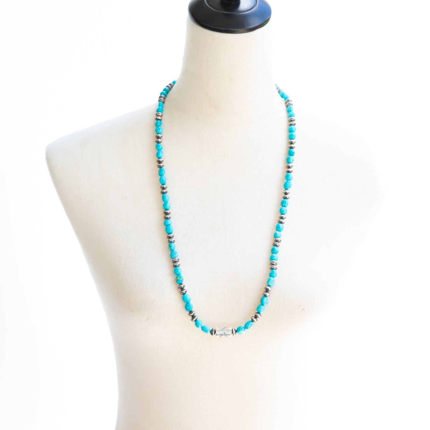 The Kino | 30" Blue Sonoran Turquoise & Saucier Pearl/Barrel Bead Necklace
