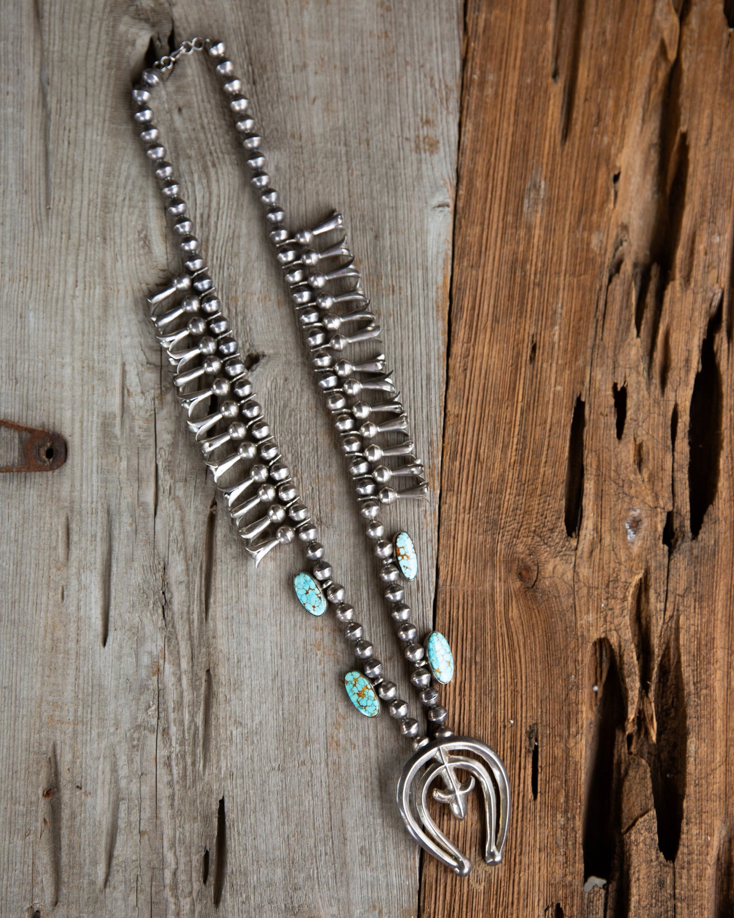 The Jesse | Number Eight Turquoise Vintage Squash Blossom Necklace by Nellie Tso