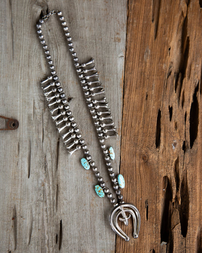 The Jesse | Number Eight Turquoise Vintage Squash Blossom Necklace by Nellie Tso