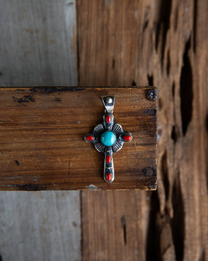 The Roanoke | Red Coral and Turquoise Cross Pendant by Chimney Butte