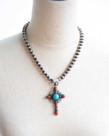 The Roanoke | Red Coral and Turquoise Cross Pendant by Chimney Butte