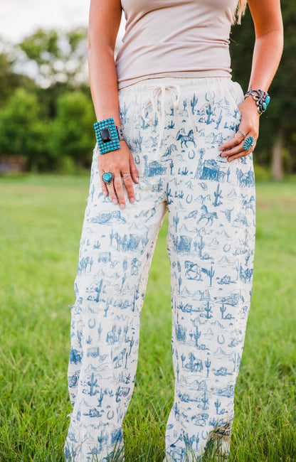 The Sutton's | Blue Western Print Wide Leg Pants